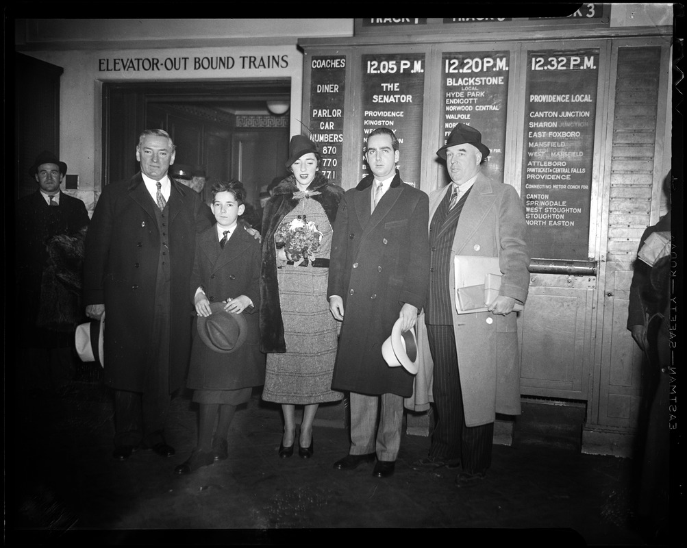 Gov. Curley shown with Francis Curley, Mr. and Mrs. Edward C. Donnelly, Edward Dolan, and Mayor Joseph Timilty