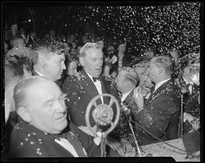 At the victory party, covered with confetti