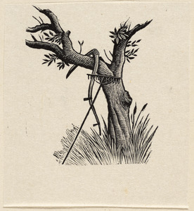 Scythe, rake and tree