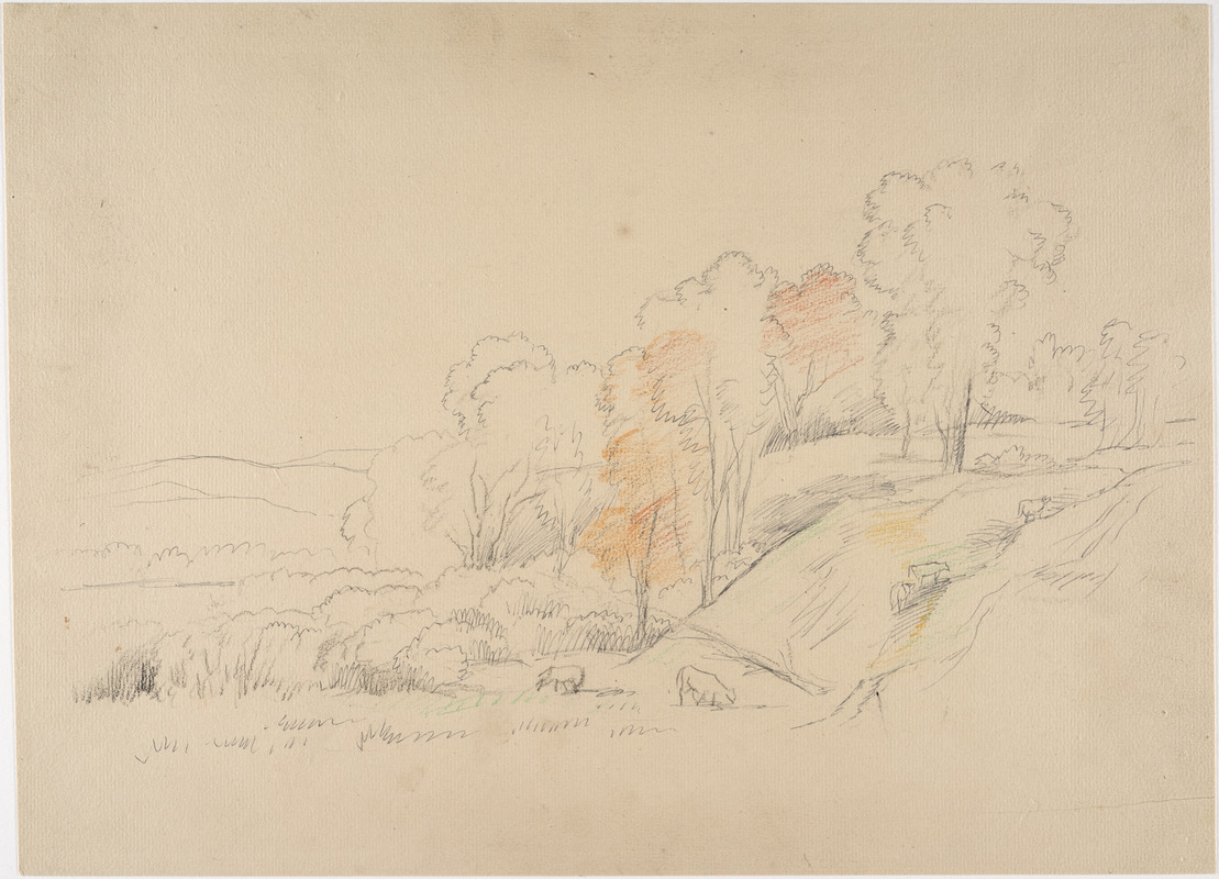 Landscape with hill, trees, and cows