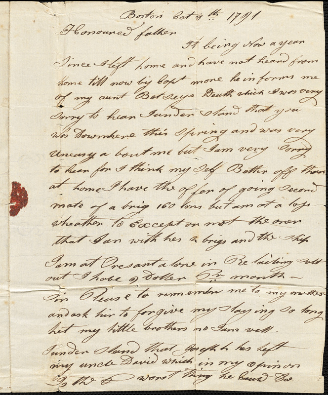 Isaac Hull to Joseph Hull, Boston, October 8, 1791