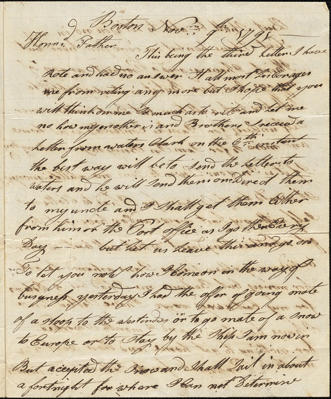 Isaac Hull to Joseph Hull, Boston, November 9, 1791