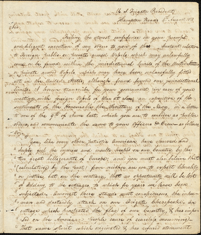 John Rodgers to Isaac Hull, Hampton Roads, August 4, 1810