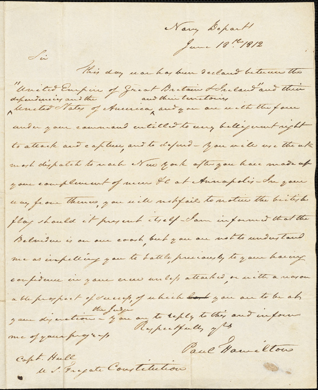 Paul Hamilton to Isaac Hull, Washington, D.C., June 18, 1812