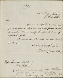 Paul Hamilton to Isaac Hull, Washington, D.C., July 29, 1812