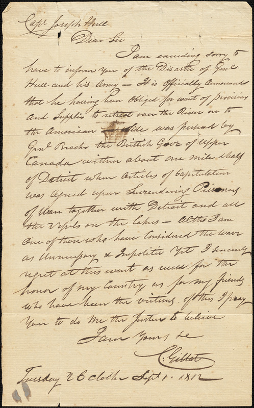 C. Gillet to Joseph Hull re William Hull's capitulation, September 1, 1812