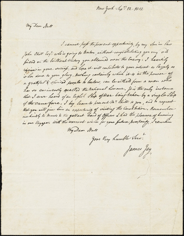 James Jay to Isaac Hull, New York, September 12, 1812