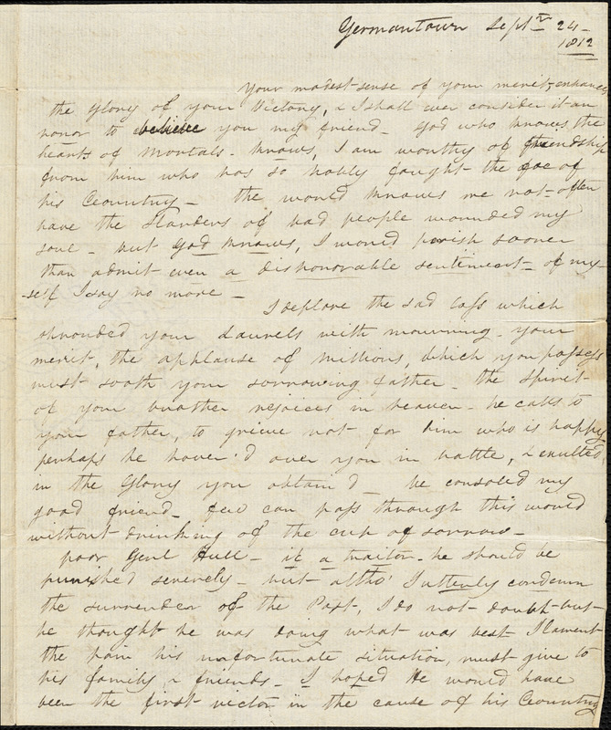 E. V. Curtis to Isaac Hull, Germantown, Pa., September 24, 1812