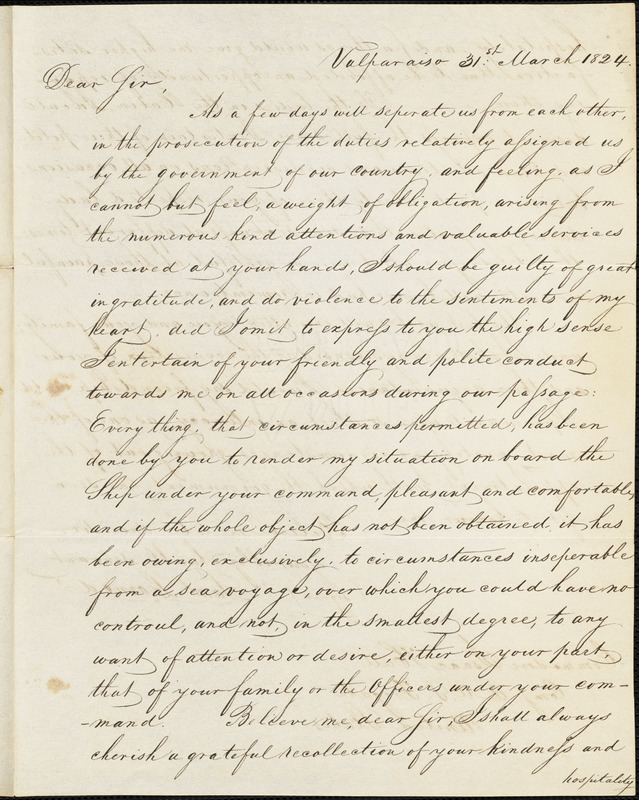 Samuel Larned to Isaac Hull, Valparaiso, March 31, 1824