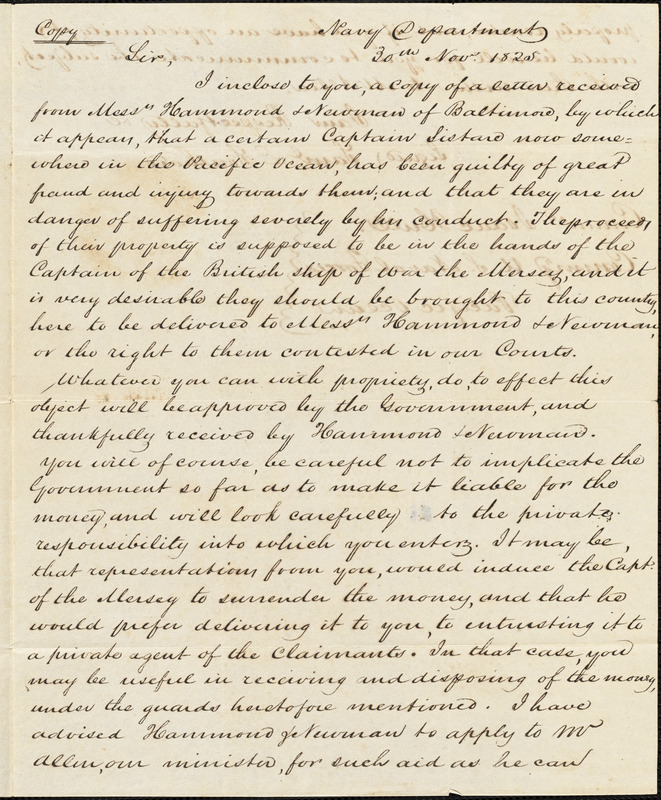 Samuel L. Southard to Isaac Hull, Washington, Nov. 30, 1825