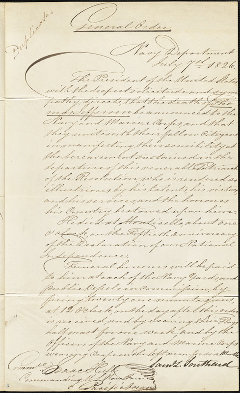 Samuel L. Southard to Isaac Hull, Washington, D.C., July 7, 1826