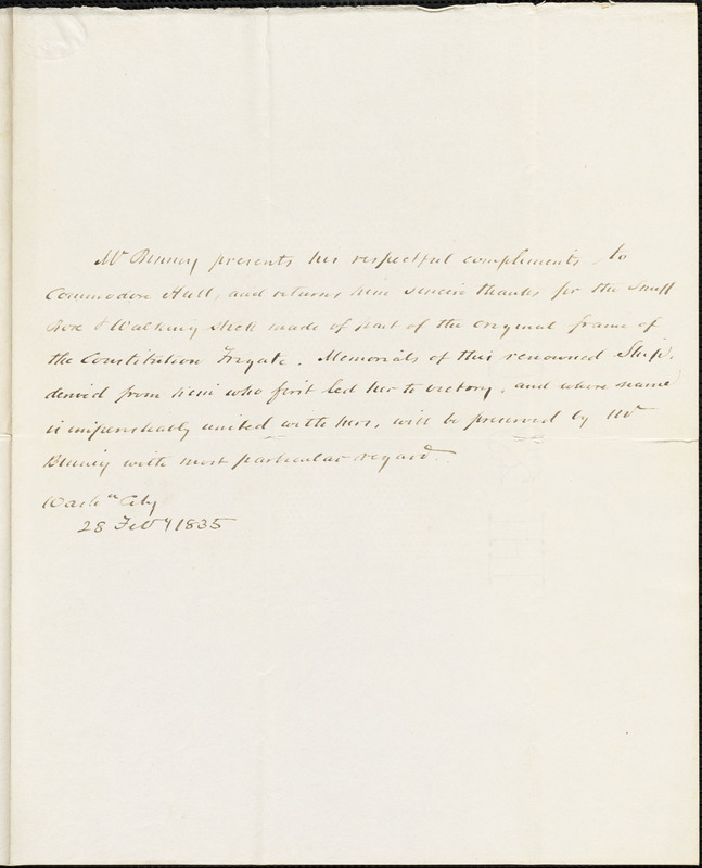 Binney to Isaac Hull, Washington, February 25, 1835
