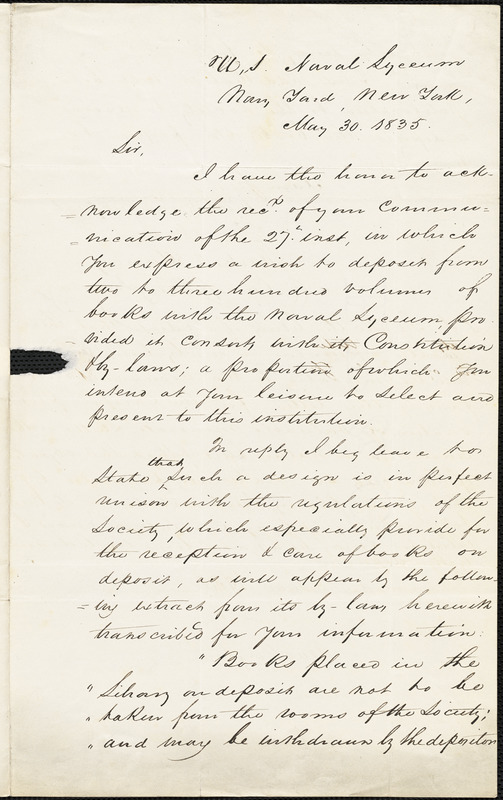 Charles O. Handy to Isaac Hull, New York, May 30, 1835