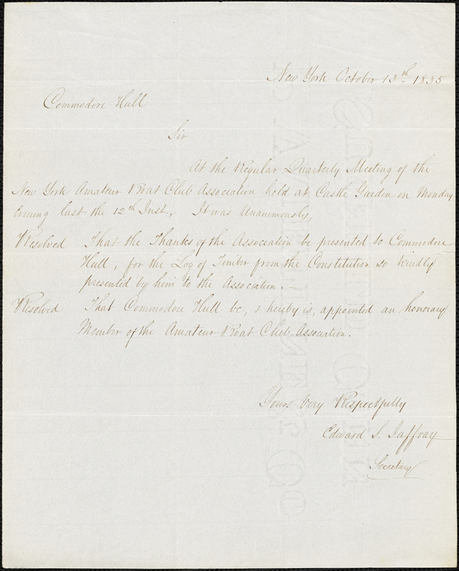 Edward S. Jaffray to Isaac Hull, New York, October 13, 1835