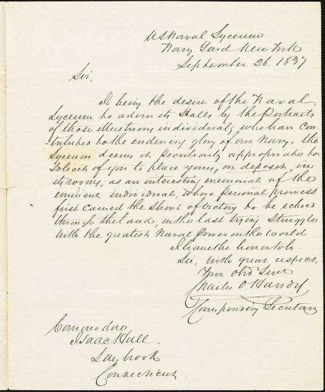 Charles O. Handy to Isaac Hull, New York, September 26, 1837