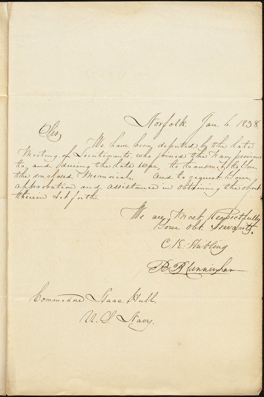 R.B. Cunningham & C.K. Shibling to Isaac Hull, Norfolk, January 6, 1838