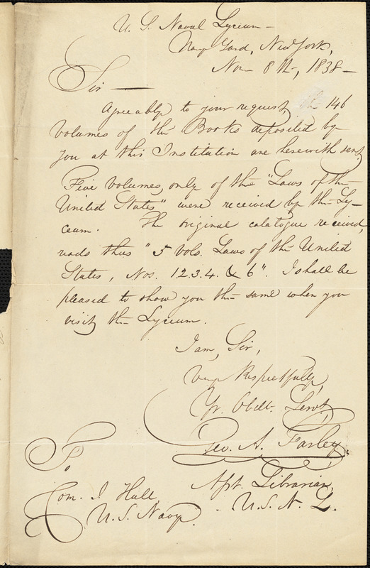 A. Stanley to Isaac Hull, New York, November 8, 1838