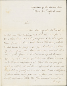 Lewis Cass to Isaac Hull, Paris, April 26, 1841