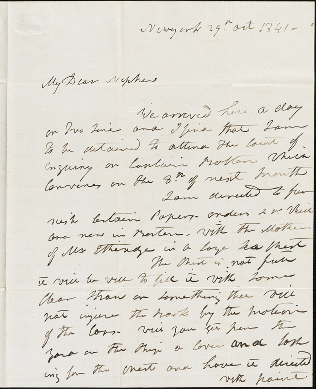Isaac Hull to Joseph B. Hull, New York, October 29, 1841