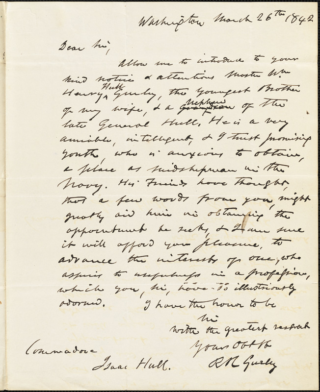 R.N. Gurley to Isaac Hull, Washington, March 26, 1842