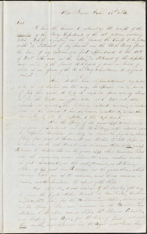 Isaac Hull to A. P. Upshur, New Haven, Ct., June 17, 1842