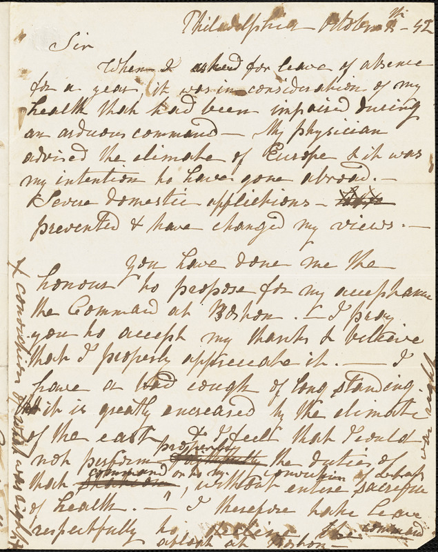 Isaac Hull to Secretary of the Navy, Philadelphia, October 8, 1842