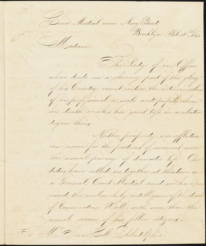 Officers of the Brooklyn Navy Yard to Ann McCurdy Hart Hull, February 16, 1843