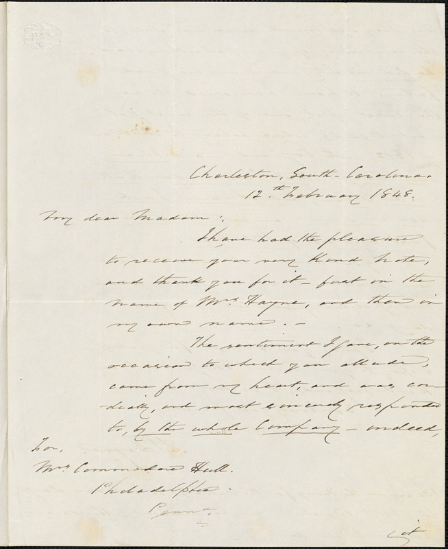 A. I. Hayne to Ann McCurdy Hart Hull, Charleston, S.C., February 12, 1848