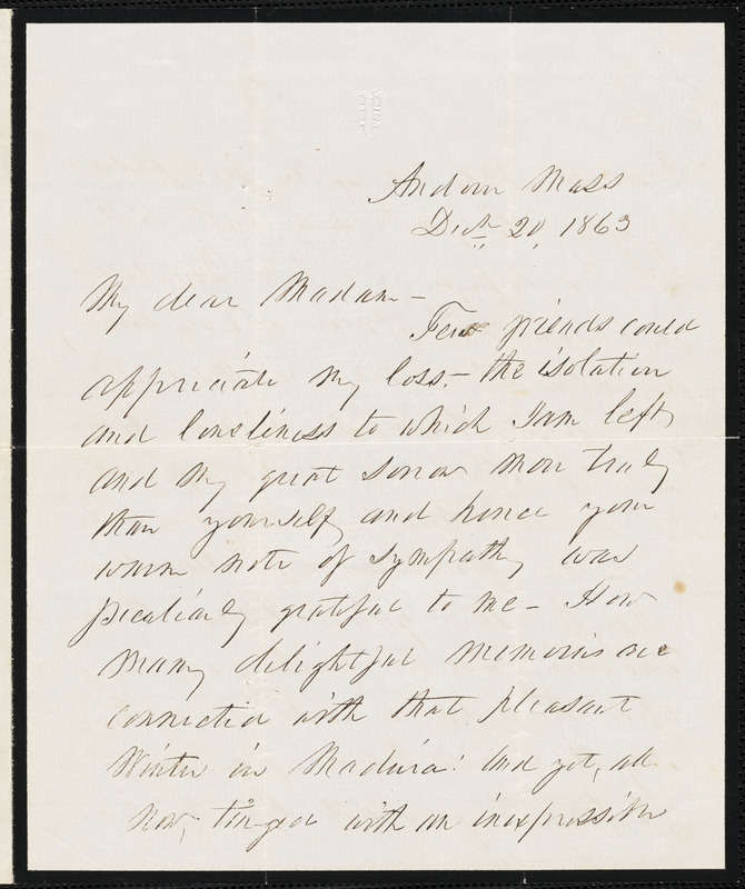 Franklin Pierce to Ann McCurdy Hart Hull, Andover, Ma., December 20, 1863
