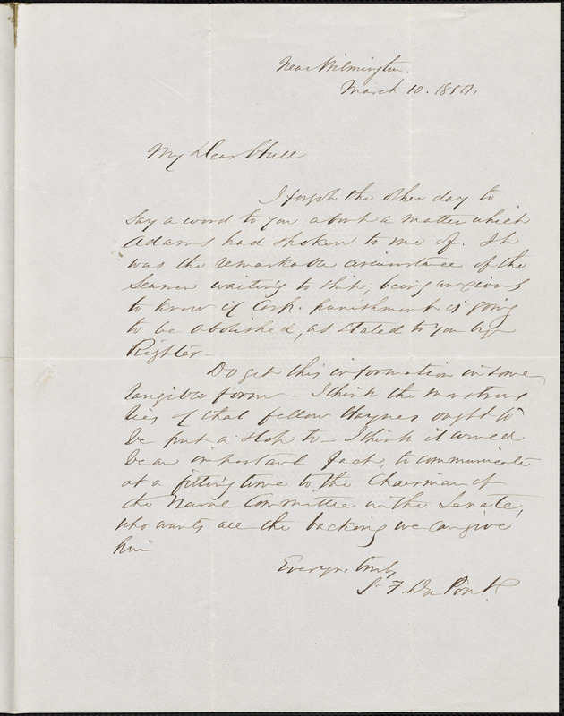 S.F. DuPont to Joseph B. Hull, Wilmington, March 10, 185?[4]
