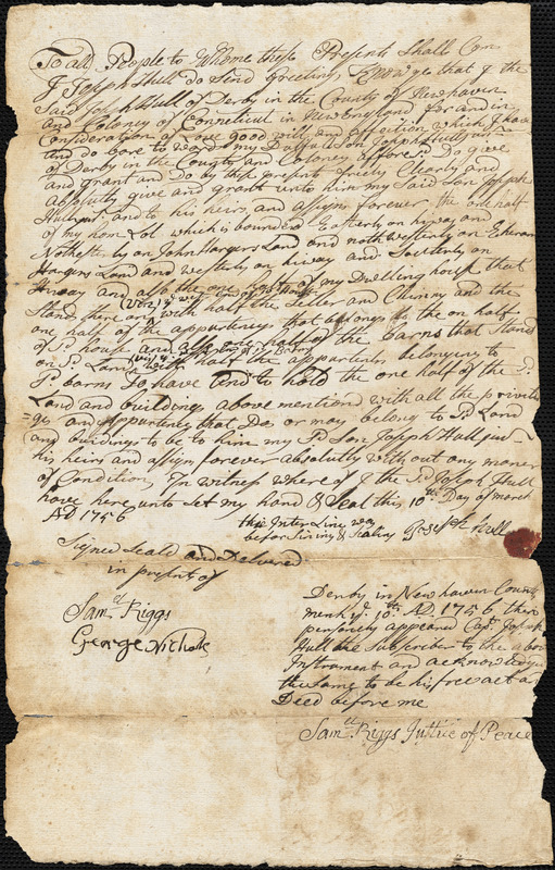 Hull, J. Joseph. Deed of land to his son Joseph Hull, March 10, 1756