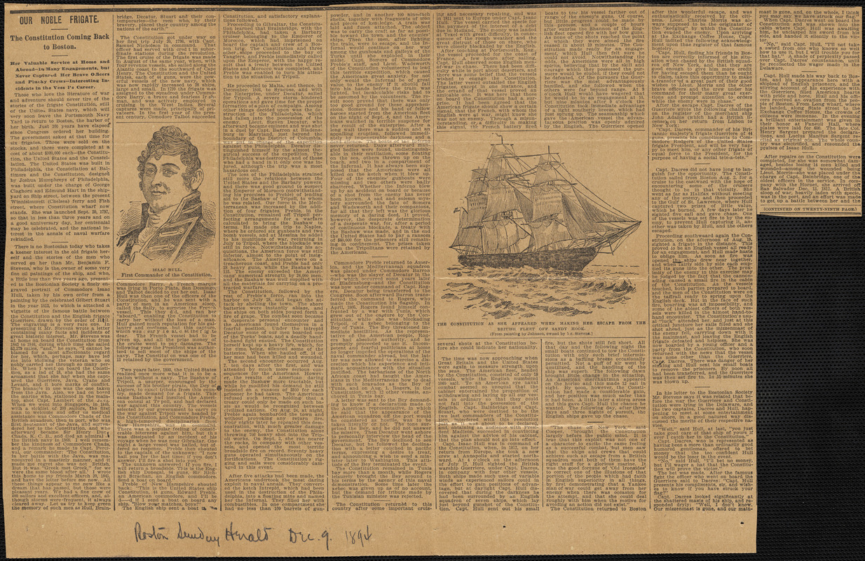 "Our noble frigate..." Boston Sunday Herald, December 9, 1894