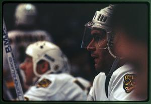 Boston: (circa 1986-87) # 7 Ray Bourque waits on the bench Boston Garden