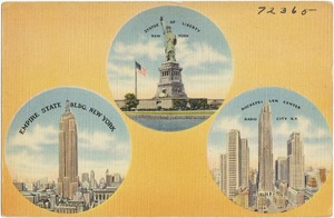 Statue of Liberty, New York. Empire State Bldg., New York. Rockefeller Center, Radio City, N. Y.