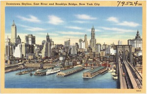 Downtown skyline, East River and Brooklyn Bridge, New York City