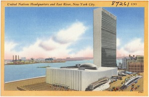 United Nations headquarters and East River, New York City.