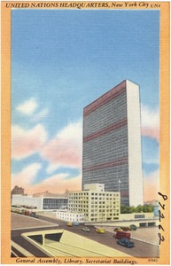 United Nations headquarters, New York City. General Assembly, library, secretariat buildings.