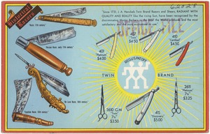 Since 1731, J.A. Henckels Twin Brand Razors and Shears, radiant with quality and beauty like the rising sun, have been recognized by the discriminating master barbers as the best the world produces and the most satisfactory and the most economical to use.