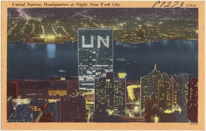 United Nations headquarters at night, New York City