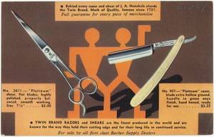 Behind every razor and shear of J. A. Henckels stands the Twin Brand, mark of quality, famous since 1731.