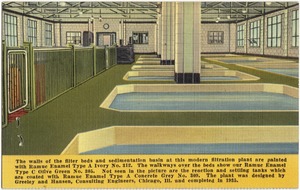 The walls of the filter beds and sedimentation basin at this modern filtration plant are painted with Ramuc Enamel Type A Ivory No. 312. The walkways over the beds show our Ramuc Enamel Type C Olive Green No. 305. Not seen in the picture are the reaction and settling tanks which are coated with Ramuc Enamel Type A Concrete Grey No. 309. The plant was designed by Greeley and Hansen, Consulting Engineers, Chicago, Ill. and completed in 1935.