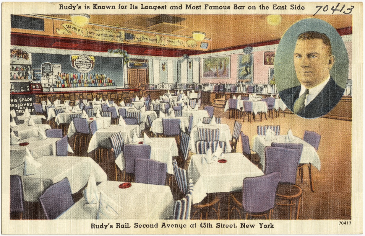 Rudy's is known for its longest and most famous bar on the East Side. Rudy's Rail, Second Avenue at 45th Street, New York