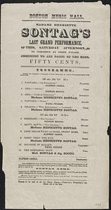 Boston Music Hall, Madame Henriette Sontag's last grand performance, this Saturday afternoon