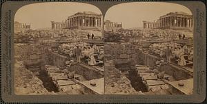 Looking E from Propylaea across ruin-strewn Acropolis to west end of Parthenon, Athens