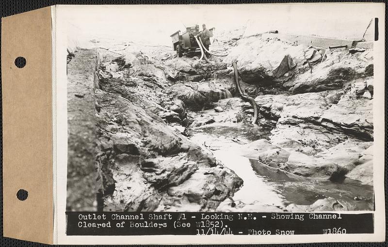 Outlet channel Shaft #1, looking northeast, showing channel cleared of boulders, West Boylston, Mass., Nov. 14, 1944