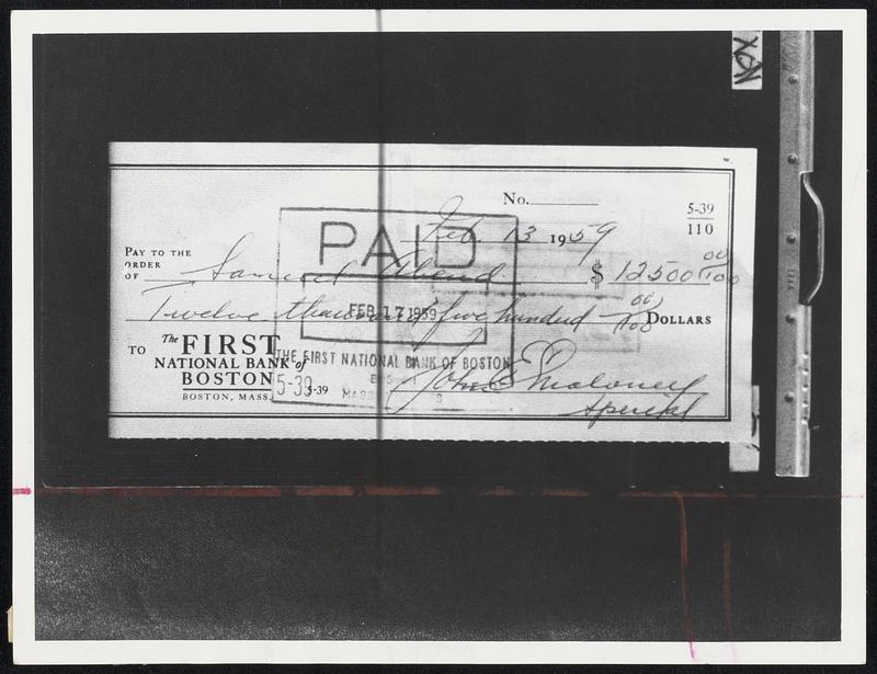 Down Payment? - This check was introduced in evidence at MDC hearing as Counsel George A. McLaughlin sought to establish owner of "mystery building" on Commonwealth avenue. Check was made out to Samuel Abend, former owner, and signed by John E. Maloney, MDC chairman.