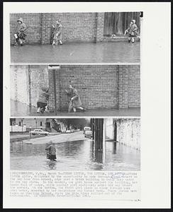 Three Little, Two Little, One Little--Three little girls, delighted by the opportunity to wade through flood waters on the way home from school, edge past a brick building in ankle deep water in the top photo. In the center, one girl leans against the building, her boots full of water, while another girl cautiously makes her way toward the corner. At the bottom, the first girl plods on alone through knee deep water, deserted by her companions who turned back. These photos were taken on Wheeling Island, where the Ohio River spilled out of its embankments.