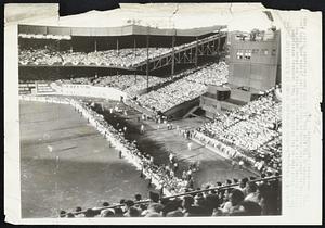 Crowd Overflows Stands at Dodger-Giant Game--For the first time in the history of the Polo Grounds, spectators unable to find seats in the stands are permitted to crowd onto the outfield to watch the Brooklyn Dodgers-New York Giants game this evening. Proceeds of the game will go to the Army Emergency Relief Fund.