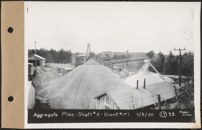 Contract No. 17, West Portion, Wachusett-Coldbrook Tunnel, Rutland, Oakham, Barre, aggregate piles, Shaft 5, Rutland, Mass., May 5, 1930