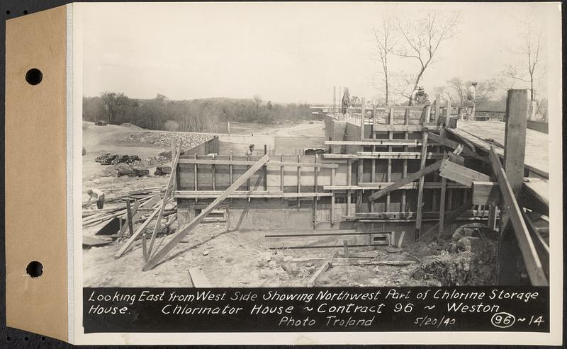 Contract No. 96, Chlorine Storage House and Equipment and Chlorinating Equipment for Gate House at Norumbega Reservoir, Weston, looking east from west side showing northwest part of chlorine storage house, chlorinator house, Weston, Mass., May 20, 1940